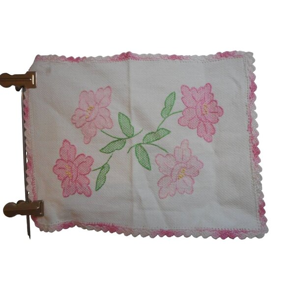 Handmade Other - Vintage hand embroidered floral Pink Lace Dresser scarf doily placemat runner #5